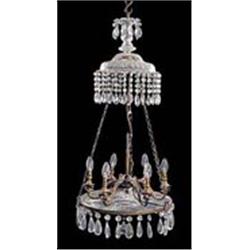 A cut glass chandelier with facet cut top and base hung with cut drops, the centre with six gilt met