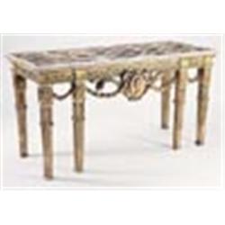 An early George III giltwood rectangular side table, circa 1760, the trellised specimen marble top o