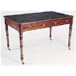 A George IV mahogany writing table, the rectangular crossbanded top with a leather inset rounded cor