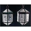 A pair of hexagonal lead lanterns, the glazed panels etched in Dutch style with scrolls and flowers,