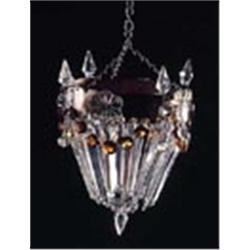 A cut glass basket shaped light fitting with tapering rectangular drops and amber tinted glass swags