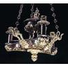 A bronzed and gilt metal colza type light fitting of triform with flame finial, reservoir, masks ant