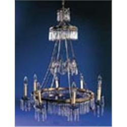 An early 20th century gilt metal, blue and clear glass eight light chandelier, with two round scallo