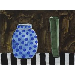 William Crozier HRHA (1930-2011) - STILL LIFE WITH BLUE POLKA DOT VASE AND GREEN FLUTE VASE, 2002