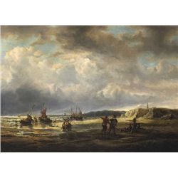 19th Century Continental School   - 17th CENTURY STYLE SEASCAPE WITH FISHERMEN AND VESSELS, c.1880