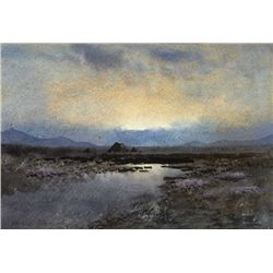 William Percy French (1854-1920) - BOG RIVER WITH TURF STACK IN THE DISTANCE