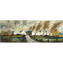 Markey Robinson (1918-1999) - MOTHER AND CHILD BY A VILLAGE WITH HAY STACKS