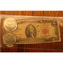 $2 red seal and two 1776-1976 ike dollars
