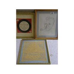A FRAMED PICTURE, "MUSIC TO SHAVE BY", A FRAMED BING CROSBY EMBROIDERY TOGETHER WITH A FRAMED PENCIL