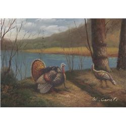 5 x 7 Oil on Board ~Turkeys in Forest~ Signed W.Ceruti