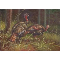 5 x 7 Oil on Board ~Turkeys in Forest~ Signed W.Ceruti