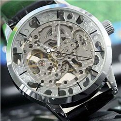 Stylish Mens Skeleton Movement Design Silver Case Wrist