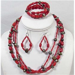 RED CORAL AND PEARL JEWELRY SET W/ STERLING SILVER CLASPS