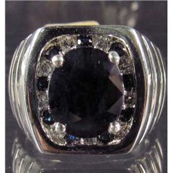 STERLING SILVER MEN'S SAPPHIRE AND DIAMOND RING - SIZE 10.75