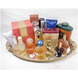 LOT OF PERFUME BOTTLES W/ CONTENTS ON VANITY MIRROR