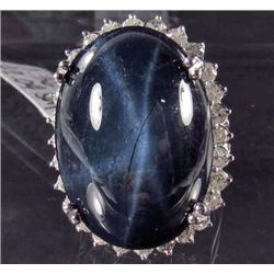 14K WHITE GOLD LADIES BLUE STAR SAPPHIRE AND DIAMOND RING - SIZE 6.5