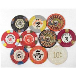 LOT OF 10 OBSOLETE NEVADA CASINO GAMBLING POKER CHIPS