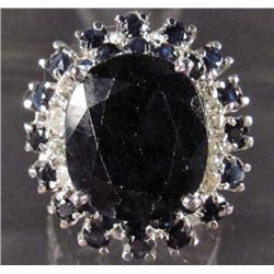 14K WHITE GOLD PLATE OVER STERLING SILVER SAPPHIRE AND DIAMOND RING - SIZE 6.5
