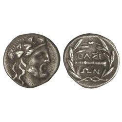 Hemidracma. - 280 a.C. - THASOS. - Anv.: Busto de Dionisos a derecha. Rev.: Laurel con leyenda