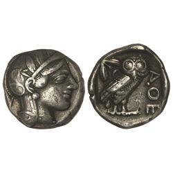 Tetradracma. - 449-413 a.C. - ATENAS. - Anv.: Cabeza de Atenea con casco a derecha. Rev.: Lechuza a