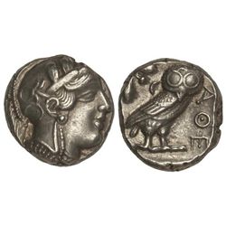 Tetradracma. - 449-413 a.C. - ATENAS. - Anv.: Cabeza de Atenea con casco a derecha. Rev.: Lechuza en