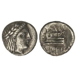 Hemidracma. - 350-300 a.C. - KIOS. - Anv.: Busto de Apolo a derecha. Rev.: Proa a izquierda. /. 2,