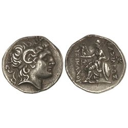 Tetradracma. - 323-281 a.C. - LISÍMACO. - TRACIA. - Anv.: Cabeza diademada de Alejandro Magno con cu