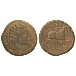 As. - CLOUNIOQ. - Anv.: Cabeza masculina a derecha, delante delfín, detrás signos II. Rev.: Jinete c