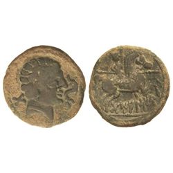 As. - DAMANIU. - Anv.: Cabeza masculina a derecha, delante delfín, detrás signo ibérico Da. Rev.: Ji