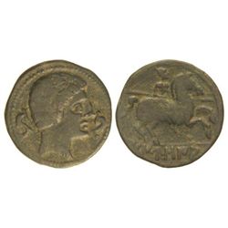 As. - DANUSIA. - Anv.: Cabeza masculina a derecha entre delfines. Rev.: Jinete con lanza, debajo ley