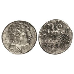 Denario. - ICALCUNSCEN. - Anv.: Cabeza mascilina a derecha. Rev.: Jinete con rodela y clámide a izqu