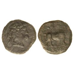 Cuadrante. - ICALCUNSCEN. - Anv.: Cabeza masculina a derecha, detrás delfín. Rev.: Jabalí a derecha,