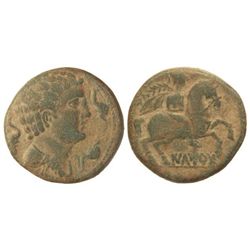 As semiuncial. - ILTIRTA. - Anv.: Cabeza masculina rodeada de tres delfines. Rev.: Jinete con palma