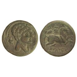 As. - ILTIRTA. - Anv.: Cabeza masculina a derecha rodeada por tres delfines. Rev.: Jinete a derecha