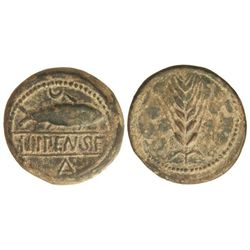 As. - ILIPENSE. - Anv.: Sábalo a derecha, encima creciente, debajo leyenda y letra A. Rev.: Espiga.