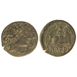 As. - LAGINE. - Anv.: Cabeza masculina a derecha, rodeada de tres delfines. Rev.: Jinete con palma a