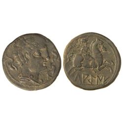 As. - LAGINE. - Anv.: Cabeza masculina a derecha rodeada de tres delfines. Rev.: Jinete con palma a