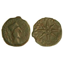 Semis. - MALACA. - Anv.: Cabeza de Vulcano con gorro plano a derecha, delante leyenda y detrás tenaz