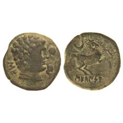 Semis. - SECAISA. - Anv.: Cabeza masculina a derecha, delante delfín y signo ibérico Cu, detrás sign