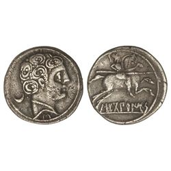 Denario. - SECOBIRICES. - Anv.: Cabeza masculina a derecha, detrás creciente, debajo signo ibérico S