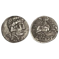 Denario. - TURIASO. - Anv.: Cabeza barbada a derecha, entre signos Ca, S y Tu. Rev.: Jinete con lanz