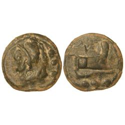 Quadrans. - 225-216 a.C. - ROMA. - Anv.: Cabeza de Minerva a izquierda, detrás tres puntos. Rev.: Pr