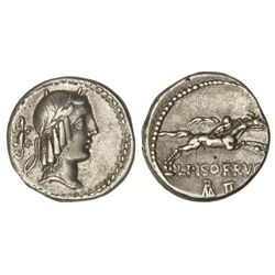 Denario. - 90-89 a.C. - CALPURNIA. - L. Calpurnius Piso Frugi. - Anv.: Cabeza laureada de Apolo a de
