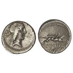 Denario. - 90-89 a.C. - CALPURNIA. - L. Calpurnius Piso Frugi. - Anv.: Cabeza de Apolo a derecha, de