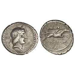 Denario. - 90-89 a.C. - CALPURNIA. - L. Calpurnius Piso Frugi. - Rev.: Jinete con palma galopando a