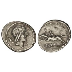 Denario. - 90 a 89 a.C. - CALPURNIA. - L. Calpurnius Piso Frugi. - Anv.: Cabeza de Apolo a derecha,