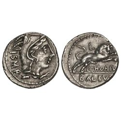 Denario. - 105 a.C. - THORIA-1. - L. Thorius Balbus. - Rev.: Toro a derecha, encima letra, debajo L.