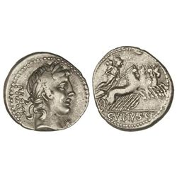 Denario. - 90 a.C. - VIBIA-2. - C. Vibius C. f. Pansa. - Anv.: Cabeza de Apolo a derecha, debajo est