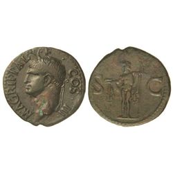 Dupondio. - Acuñada el 27-12 a.C. - AGRIPA. - Anv.: M. AGRIPPA L. F. COS. III. Cabeza a izquierda co