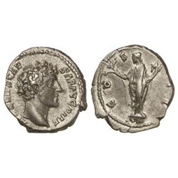 Denario. - Acuñada el 145-147 d.C. - MARCO AURELIO. - Anv.: AVRELIVS CAESAR AVG. PII F. Busto joven